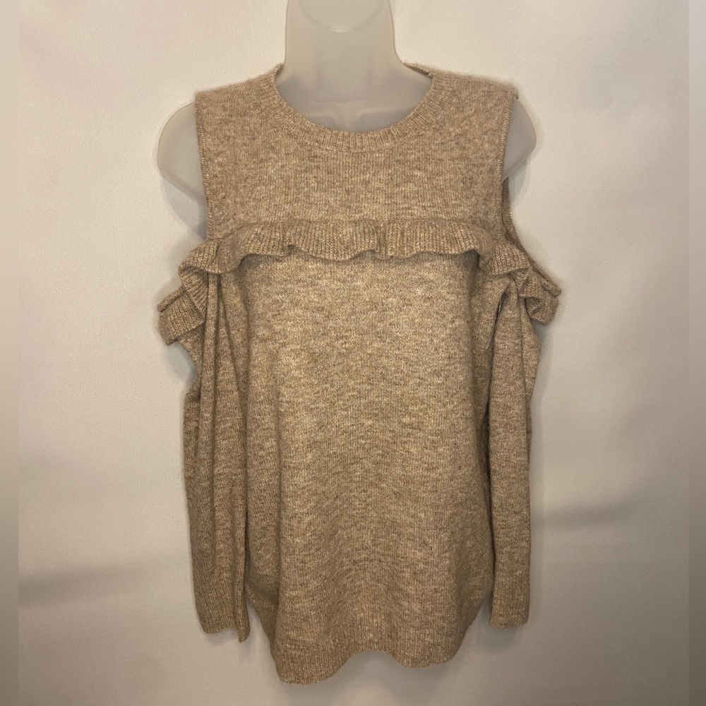Ann Taylor Loft Women's Size Small Petite Beige Crew Neck Cold Shoulder Sweater